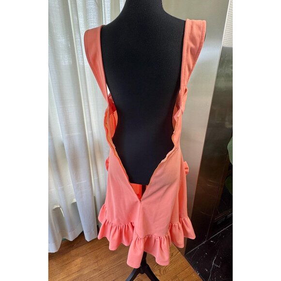 Vintage 80s pinafore dress, peach/coral, ruffled hem, round ruffle pockets - Picture 10 of 10
